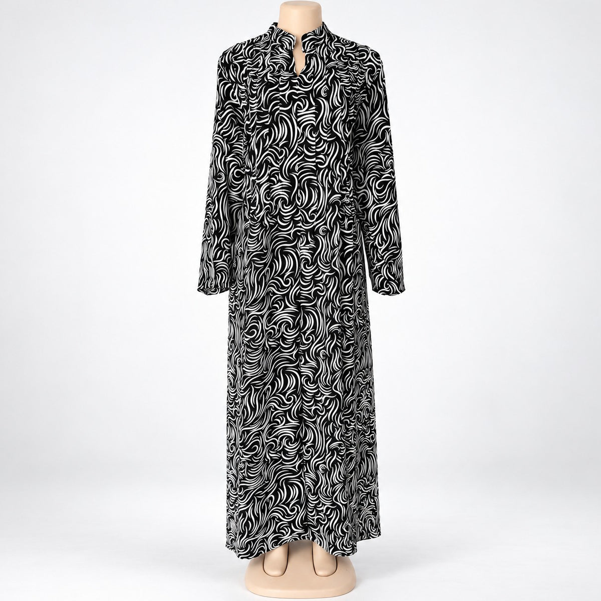 Black Fine Swirl Print Maxi Dress with long sleeves - front view