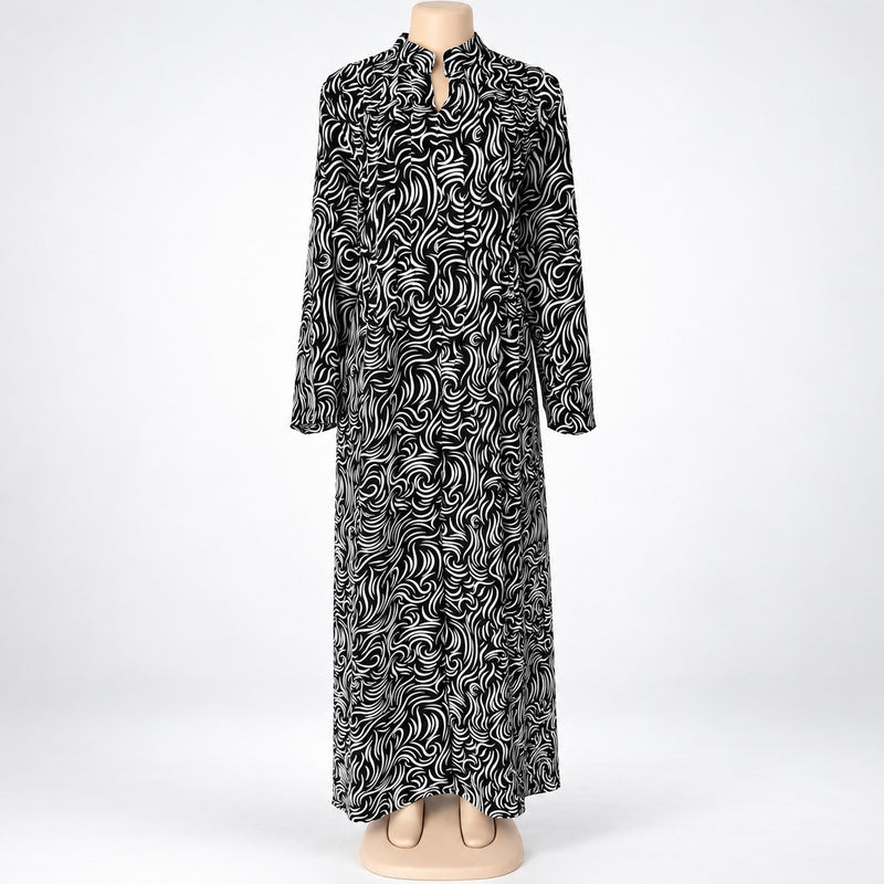 Black Fine Swirl Print Maxi Dress with long sleeves - front view