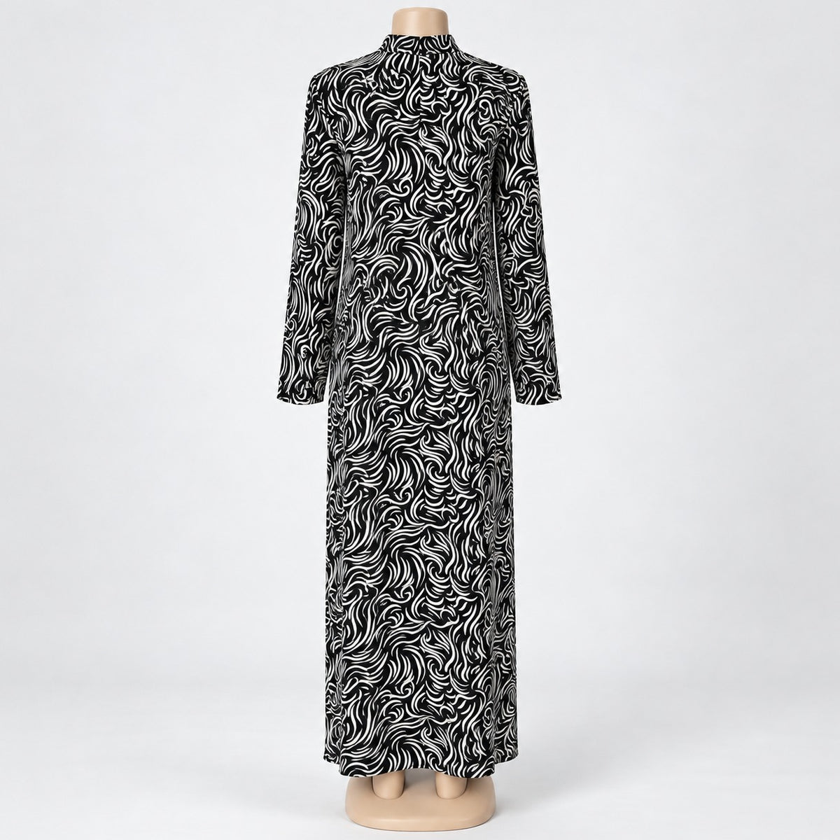 Black Fine Swirl Print Maxi Dress with long sleeves - back view
