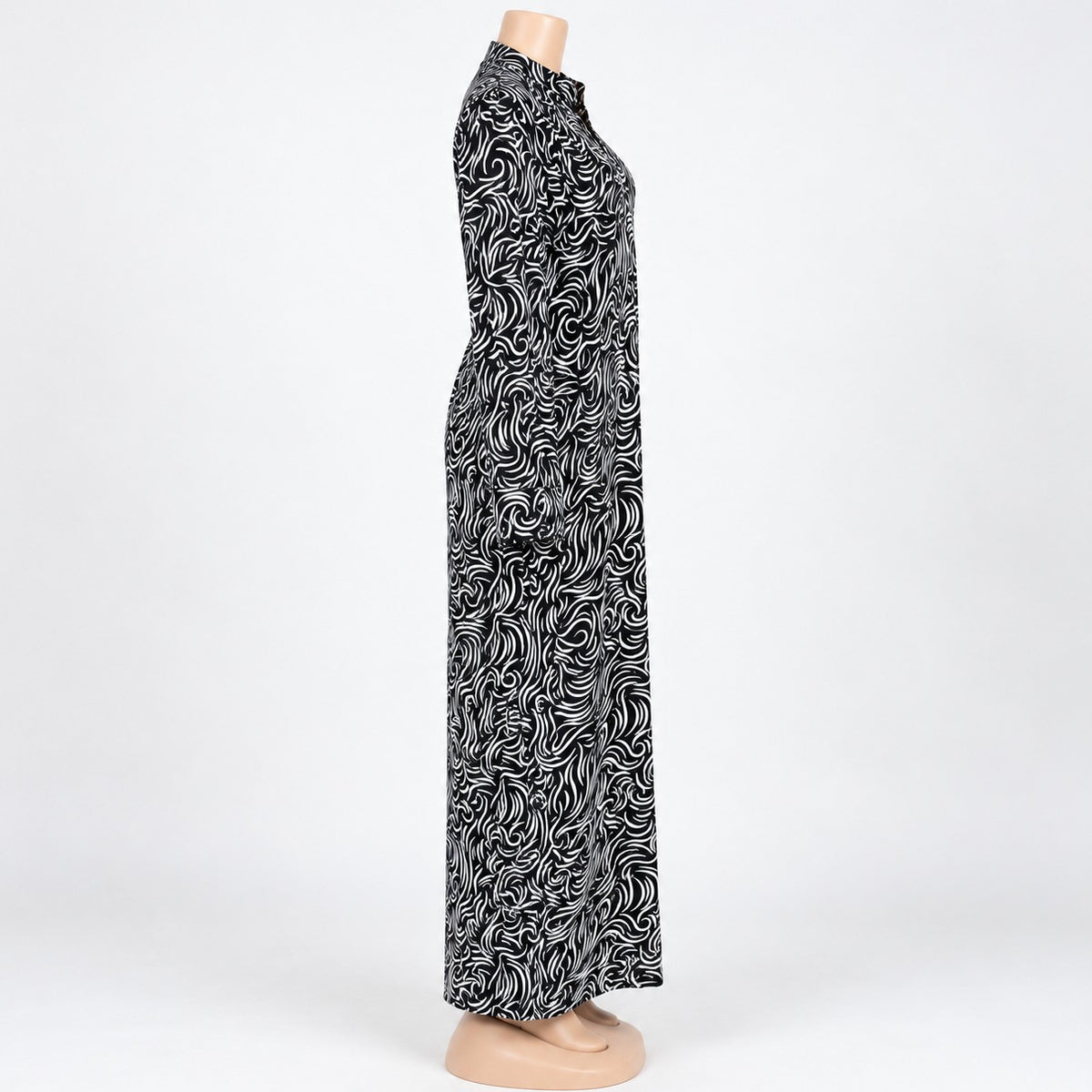 Black Fine Swirl Print Maxi Dress with long sleeves - side view