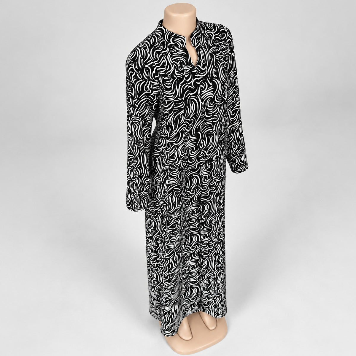 Black Fine Swirl Print Maxi Dress with long sleeves - three-quarter view