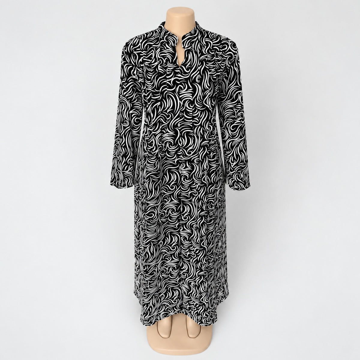 Black Fine Swirl Print Maxi Dress with long sleeves - close-up of neckline and print