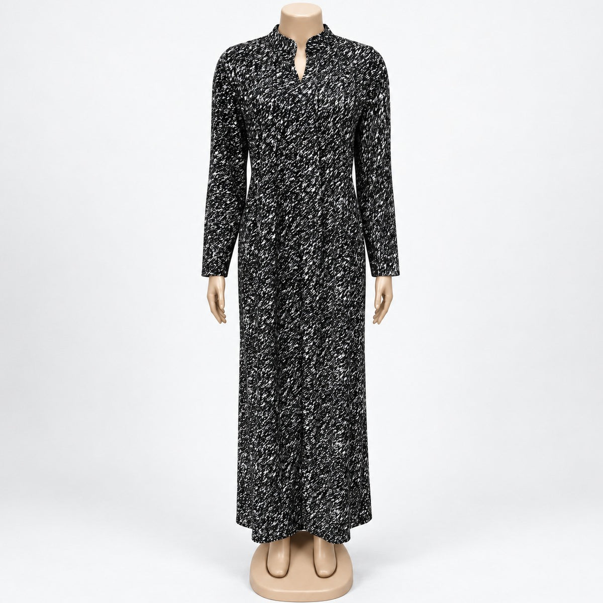 Black Speckle Print Maxi Dress with long sleeves - front view