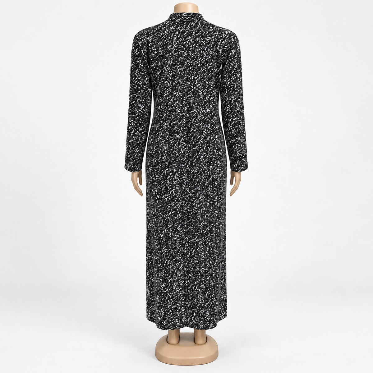 Black Speckle Print Maxi Dress with long sleeves - back view