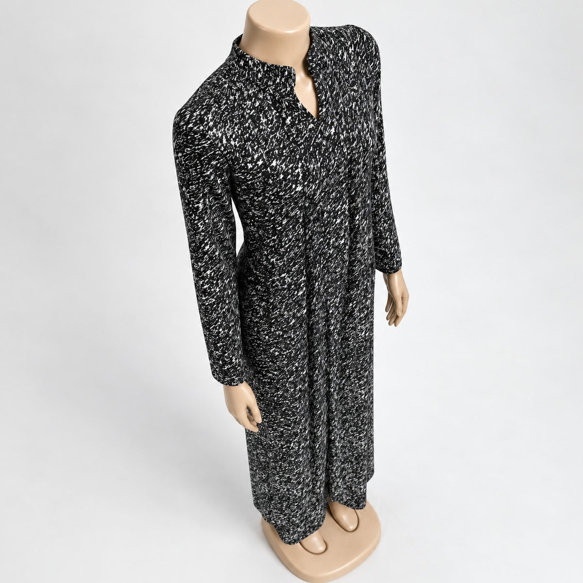 Black Speckle Print Maxi Dress with long sleeves - three-quarter view