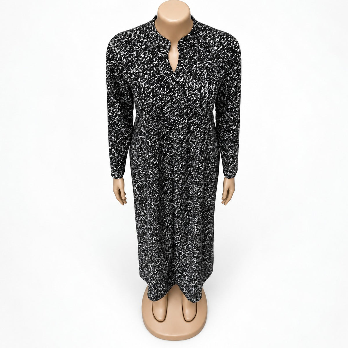 Black Speckle Print Maxi Dress with long sleeves - close-up of neckline and print