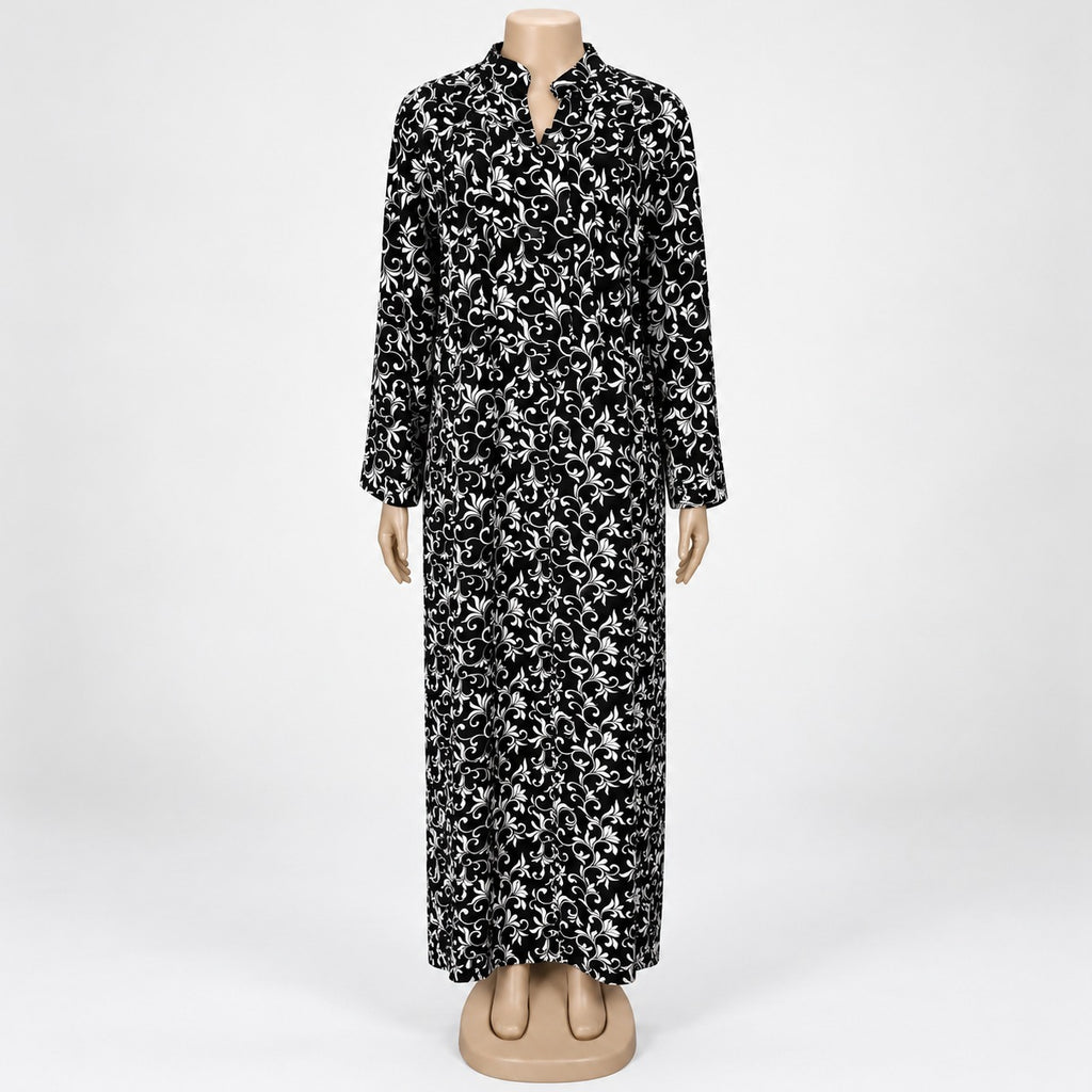 Black Vine Floral Print Maxi Dress with long sleeves - front view