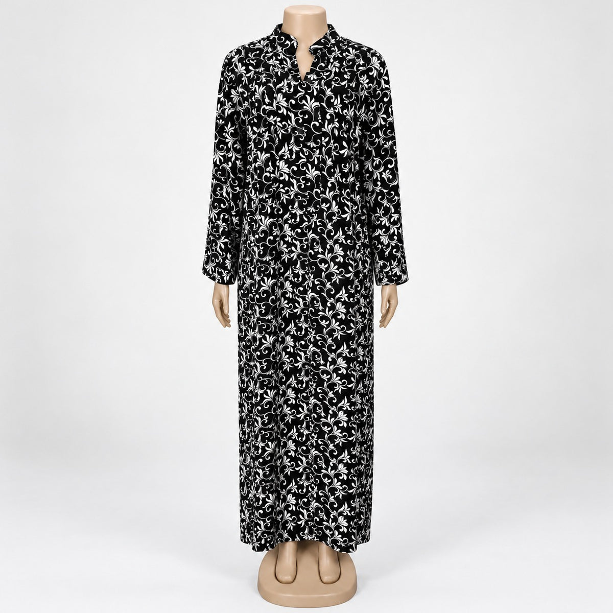 Black Vine Floral Print Maxi Dress with long sleeves - front view