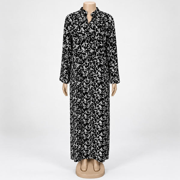 Black Vine Floral Print Maxi Dress with long sleeves - front view