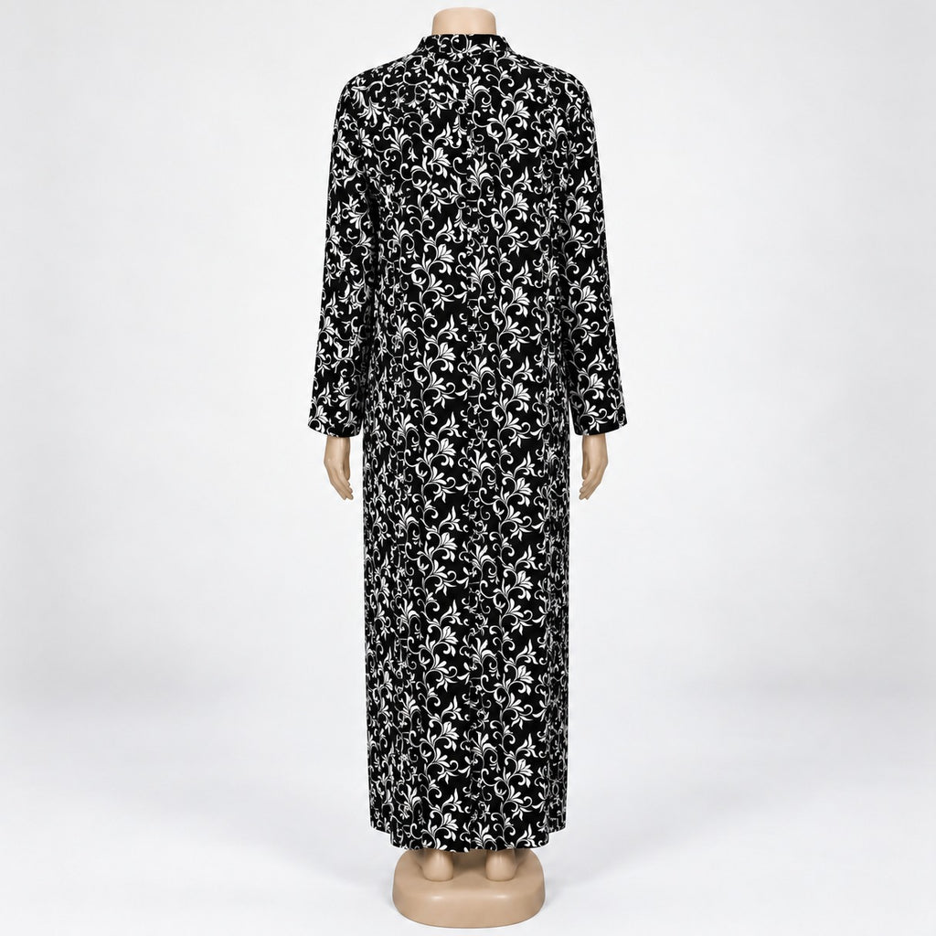 Black Vine Floral Print Maxi Dress with long sleeves - back view