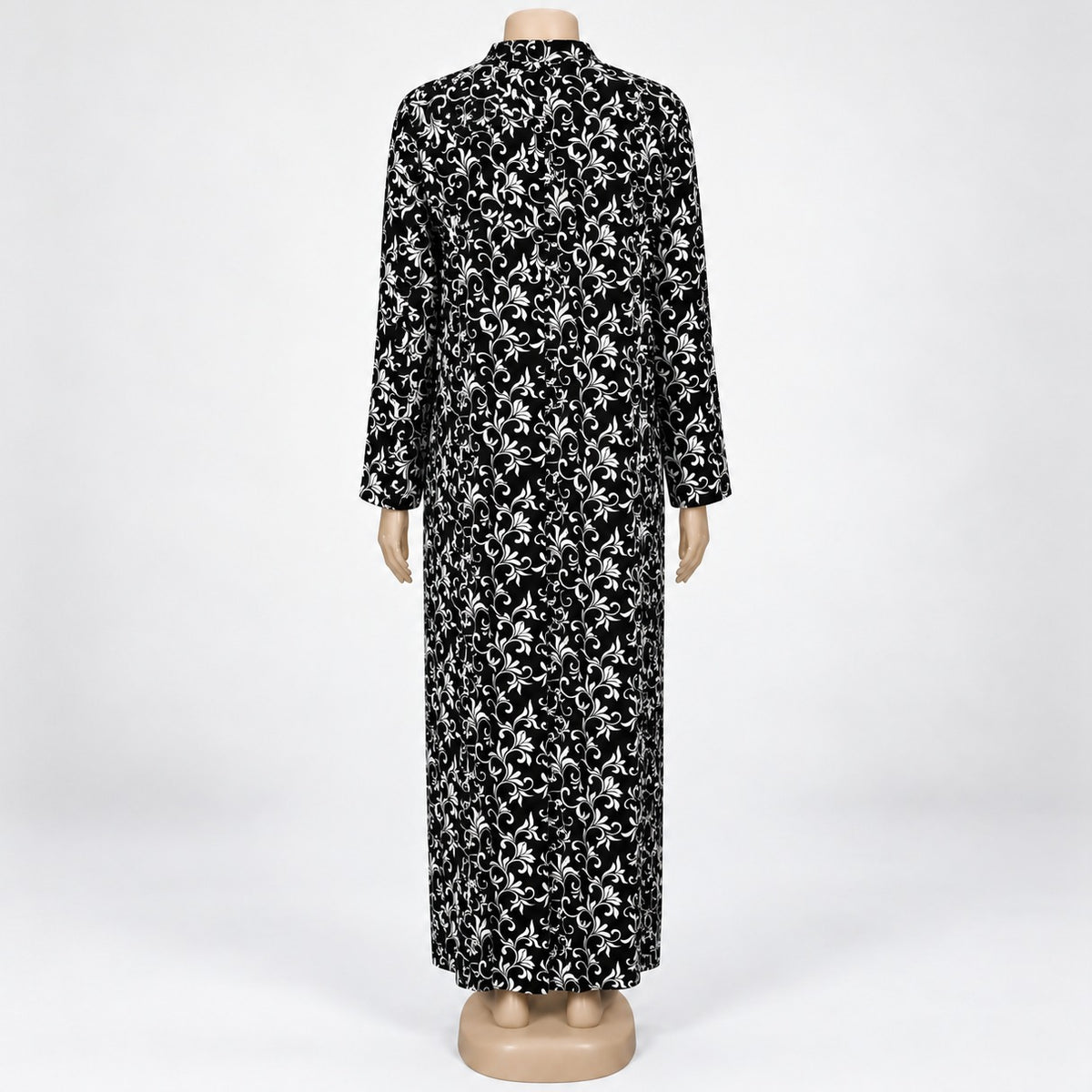 Black Vine Floral Print Maxi Dress with long sleeves - back view