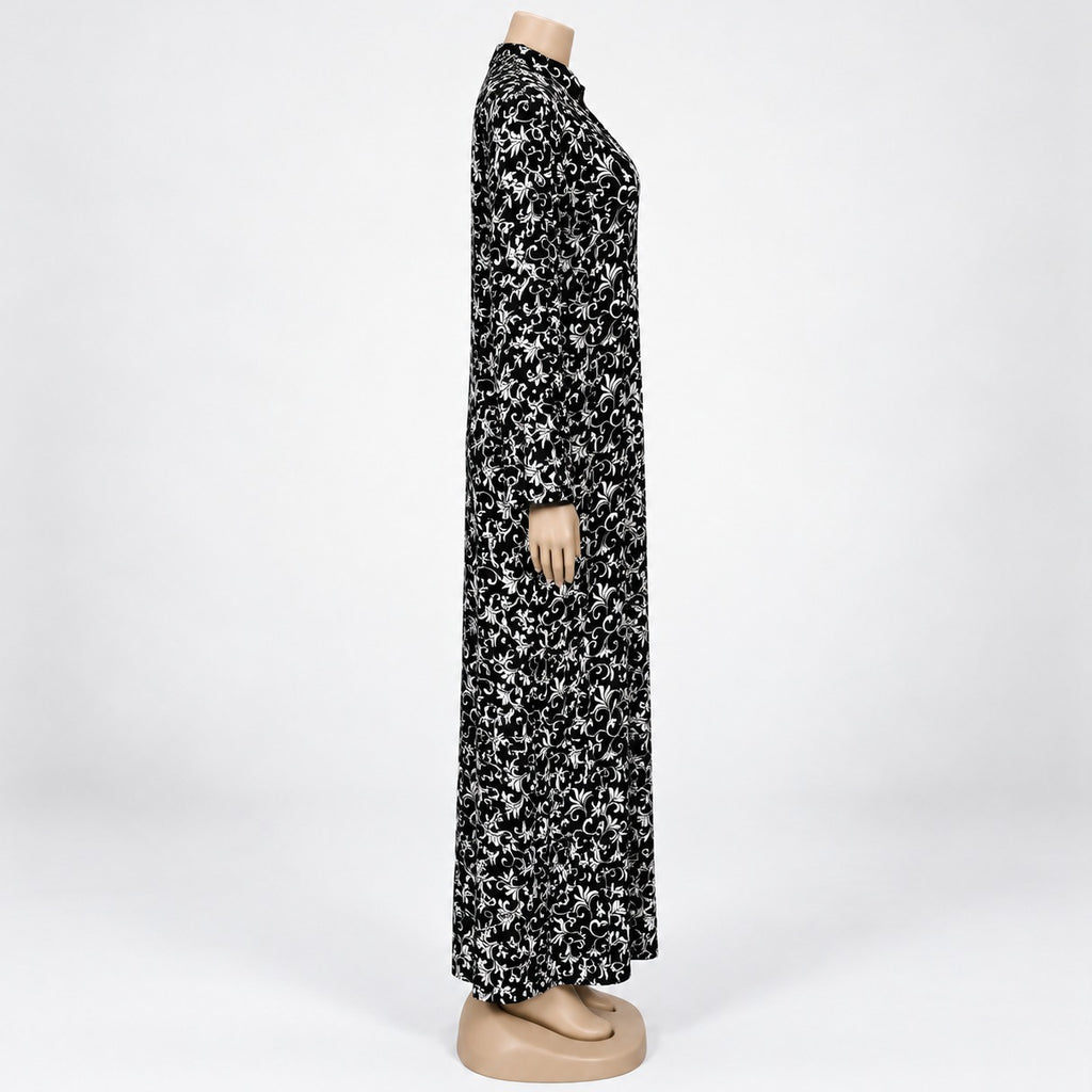 Black Vine Floral Print Maxi Dress with long sleeves - side view