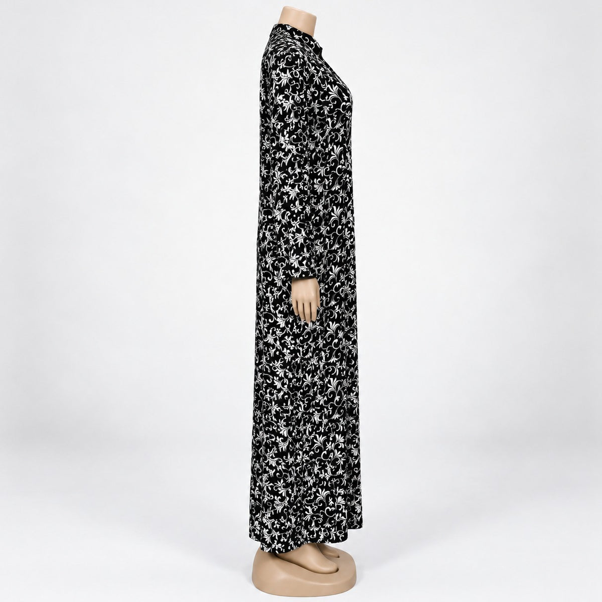 Black Vine Floral Print Maxi Dress with long sleeves - side view