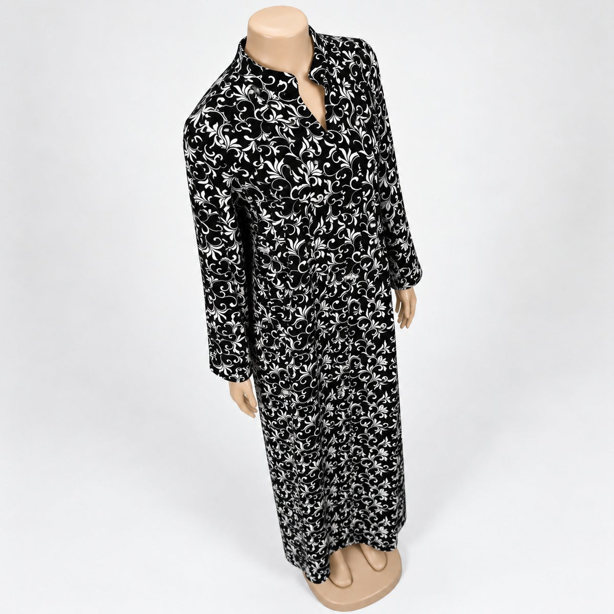 Black Vine Floral Print Maxi Dress with long sleeves - three-quarter view