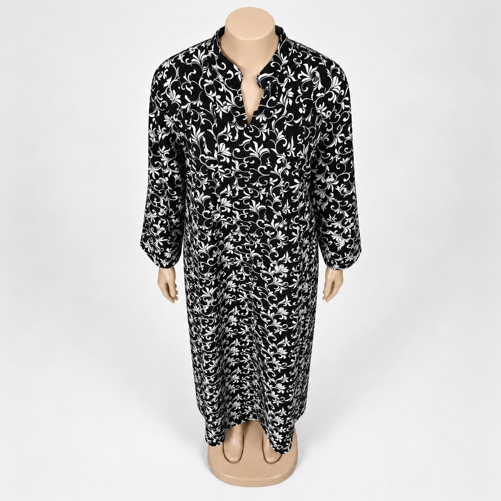 Black Vine Floral Print Maxi Dress with long sleeves - close-up of neckline and print