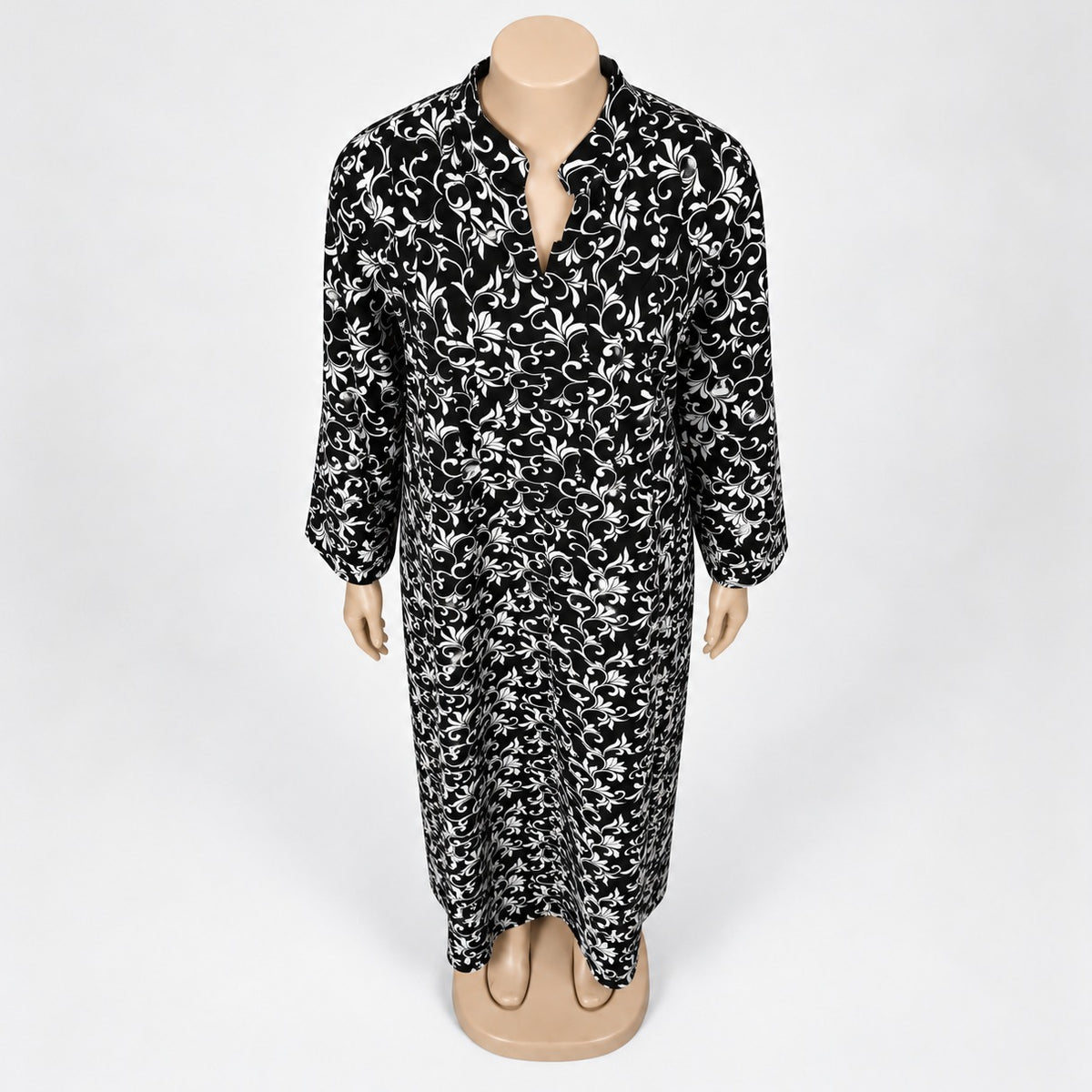 Black Vine Floral Print Maxi Dress with long sleeves - close-up of neckline and print