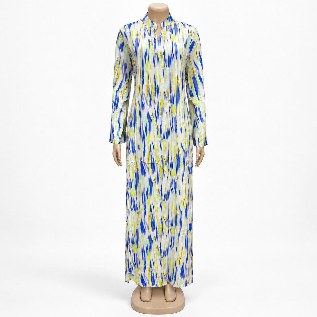 Blue Lime Brushstroke Print Maxi Dress with long sleeves - front view