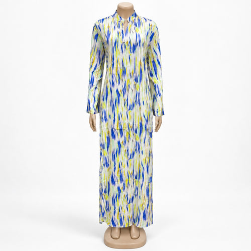 Blue Lime Brushstroke Print Maxi Dress with long sleeves - front view