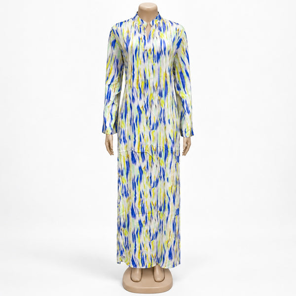 Blue Lime Brushstroke Print Maxi Dress with long sleeves - front view