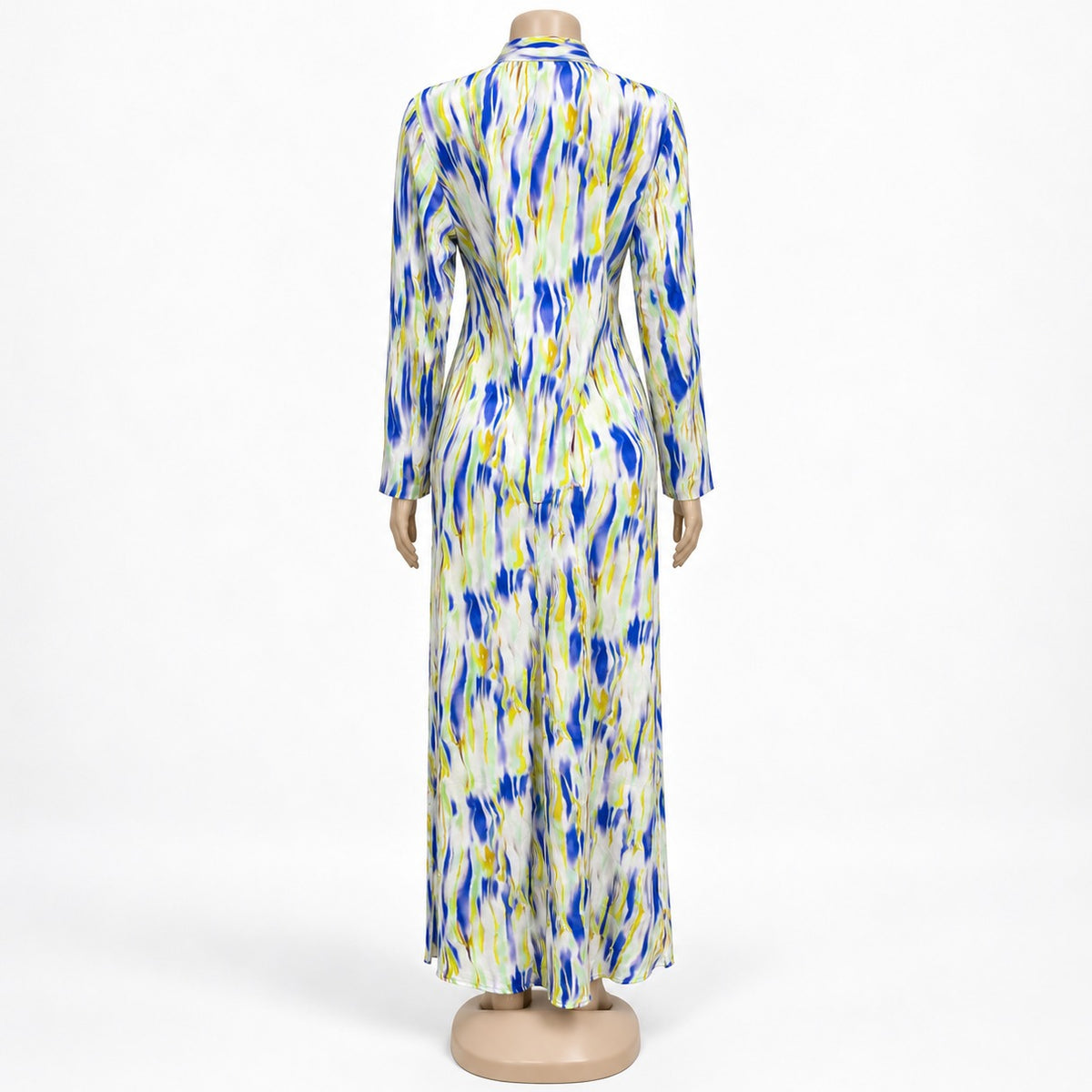 Blue Lime Brushstroke Print Maxi Dress with long sleeves - back view