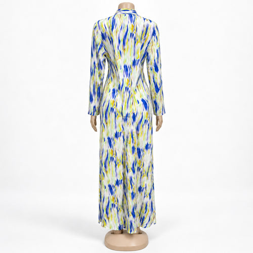 Blue Lime Brushstroke Print Maxi Dress with long sleeves - back view