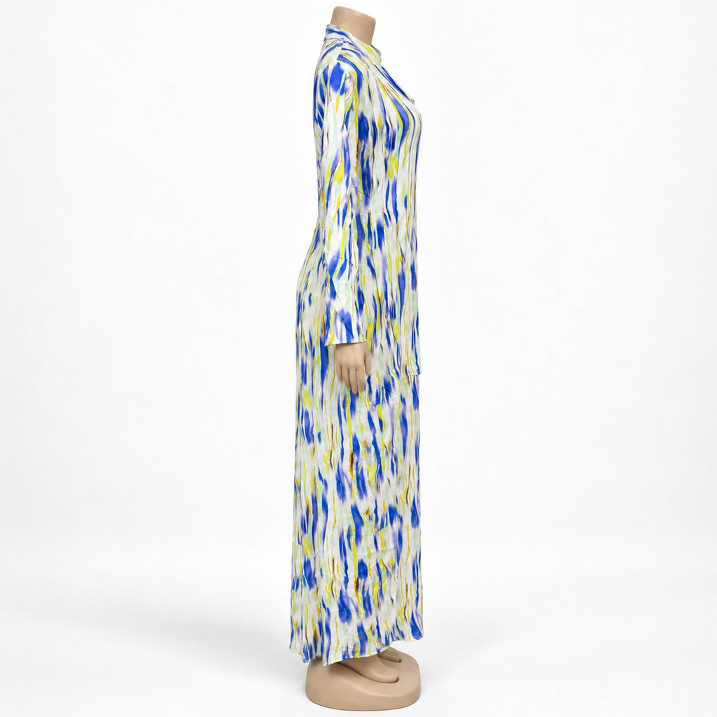 Blue Lime Brushstroke Print Maxi Dress with long sleeves - side view