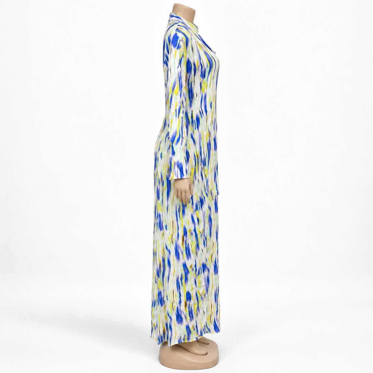 Blue Lime Brushstroke Print Maxi Dress with long sleeves - side view