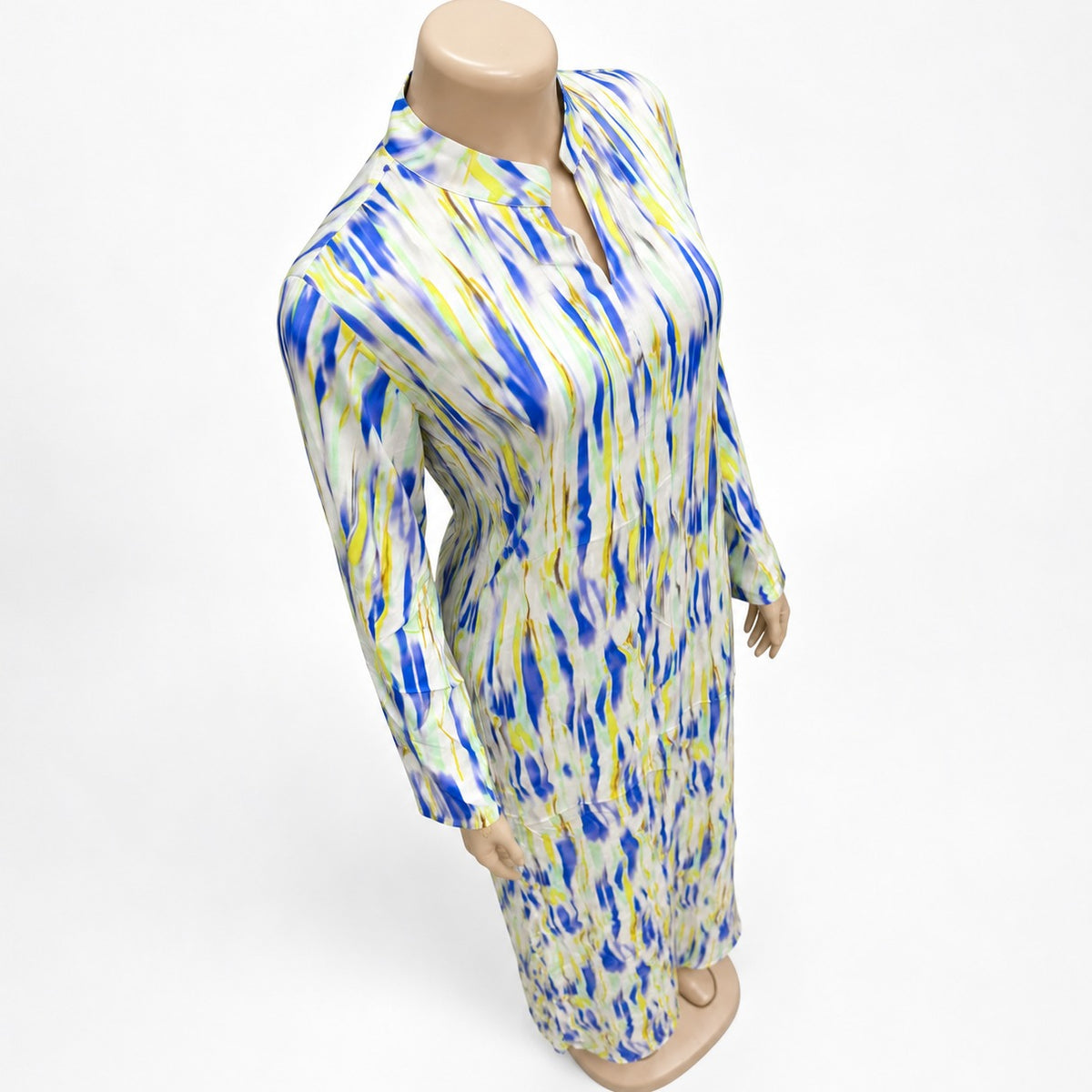 Blue Lime Brushstroke Print Maxi Dress with long sleeves - three-quarter view