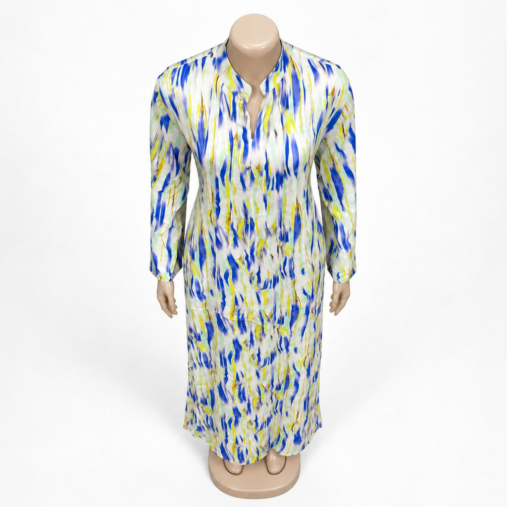 Blue Lime Brushstroke Print Maxi Dress with long sleeves - close-up of neckline and print