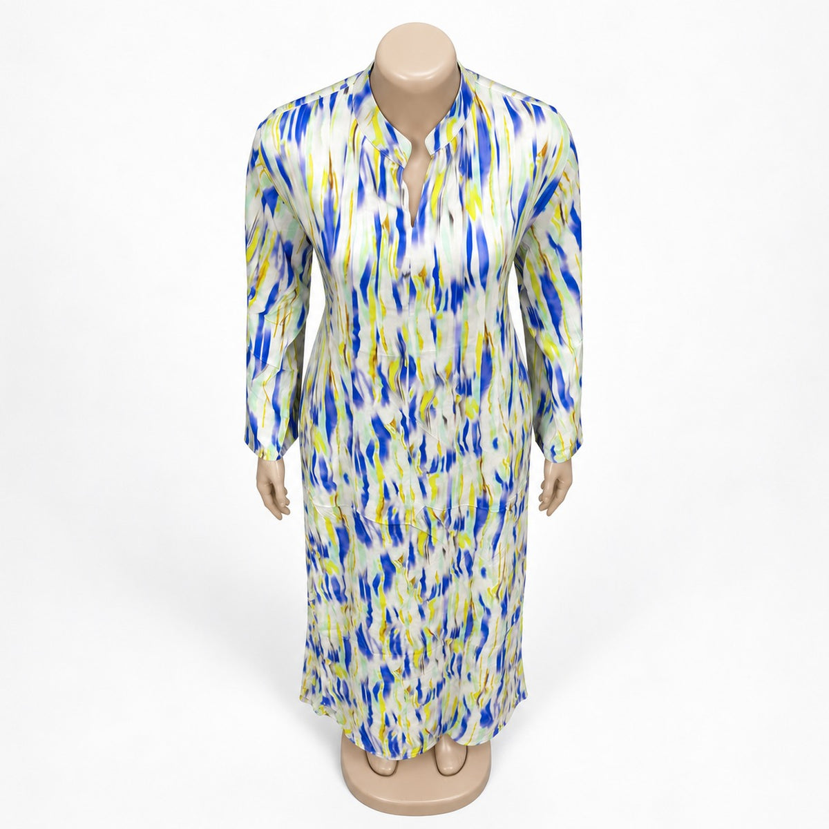 Blue Lime Brushstroke Print Maxi Dress with long sleeves - close-up of neckline and print