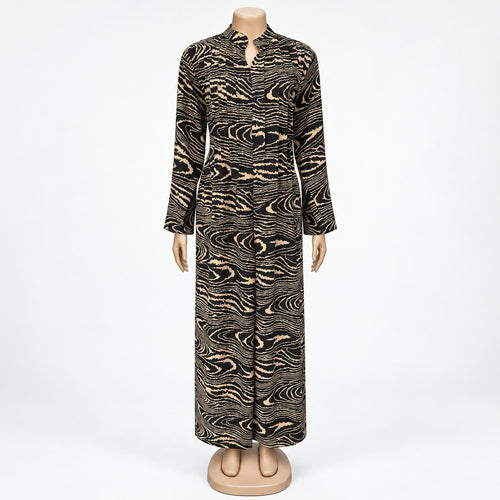 Brown Wood Grain Print Maxi Dress with long sleeves - front view