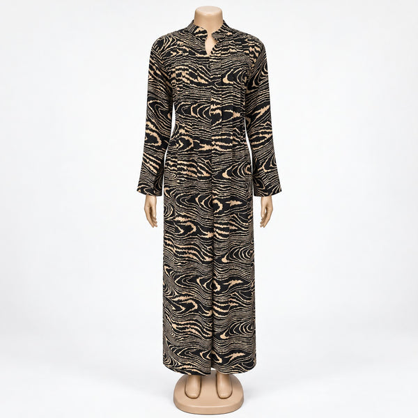 Brown Wood Grain Print Maxi Dress with long sleeves - front view
