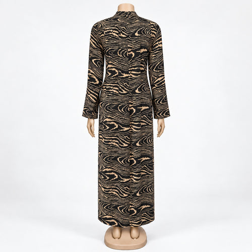 Brown Wood Grain Print Maxi Dress with long sleeves - back view