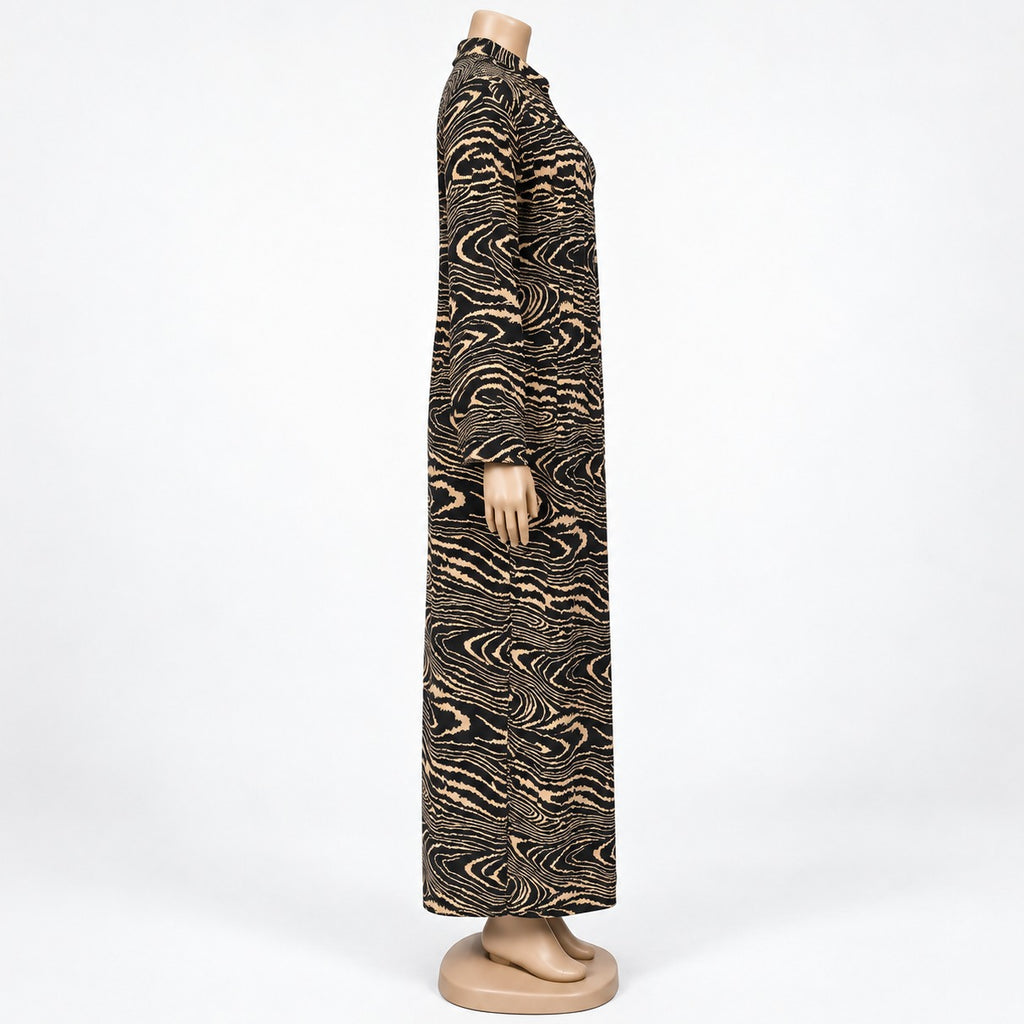 Brown Wood Grain Print Maxi Dress with long sleeves - side view
