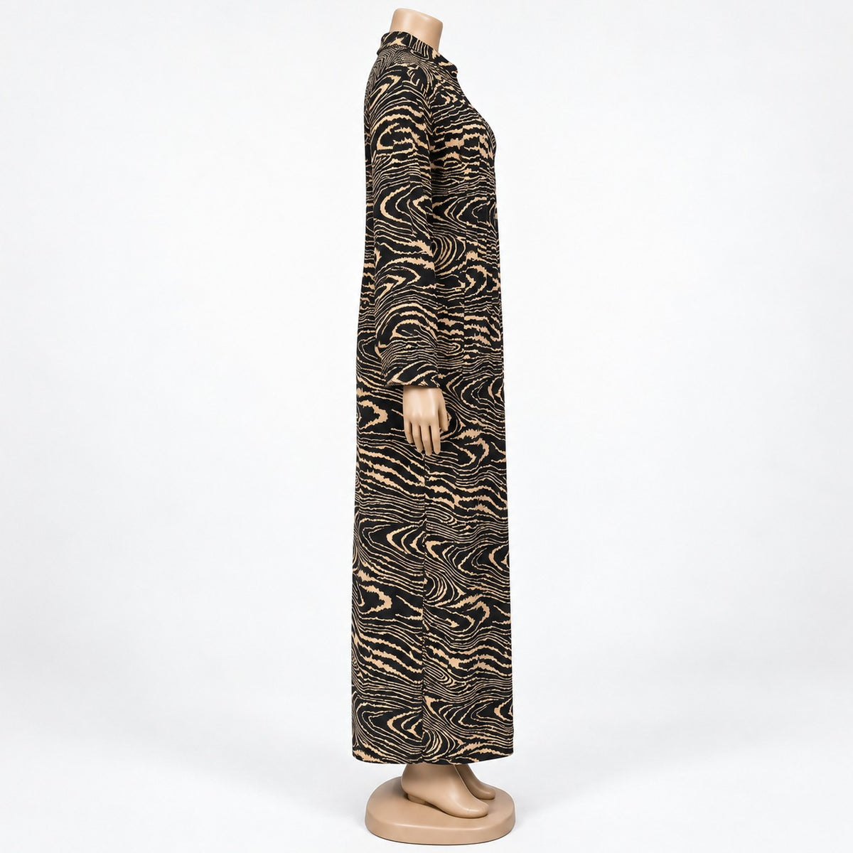 Brown Wood Grain Print Maxi Dress with long sleeves - side view