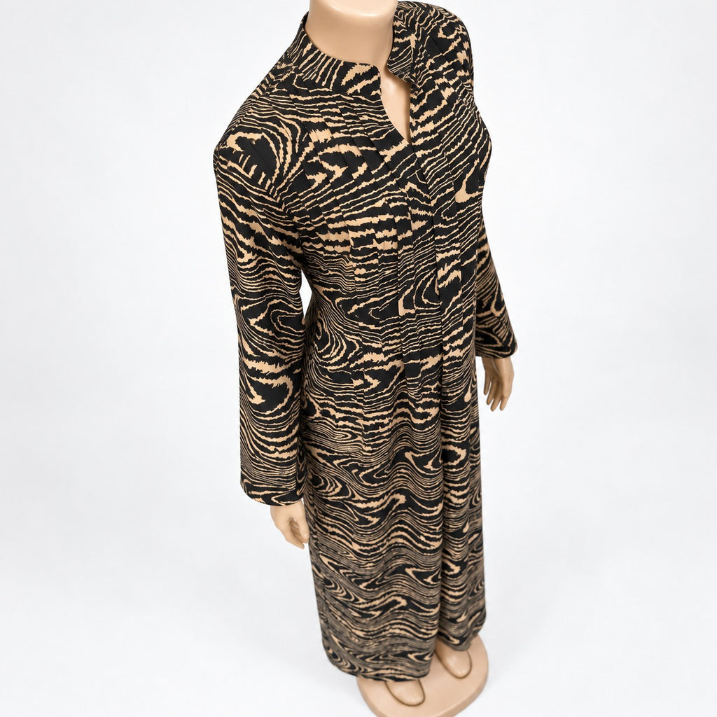 Brown Wood Grain Print Maxi Dress with long sleeves - three-quarter view