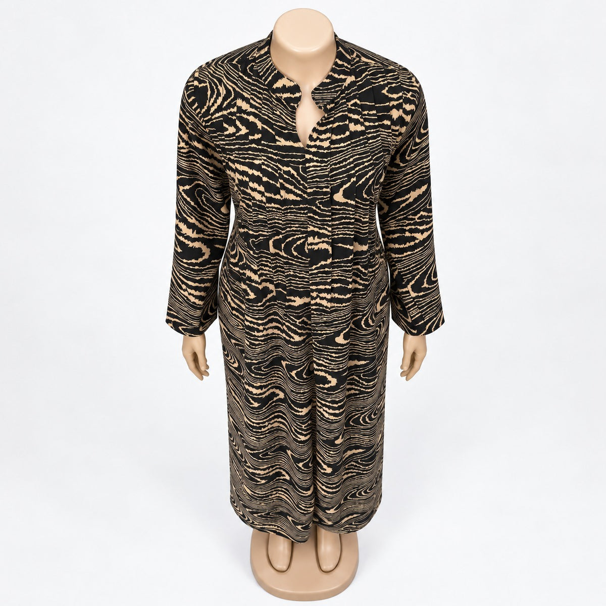 Brown Wood Grain Print Maxi Dress with long sleeves - close-up of neckline and print