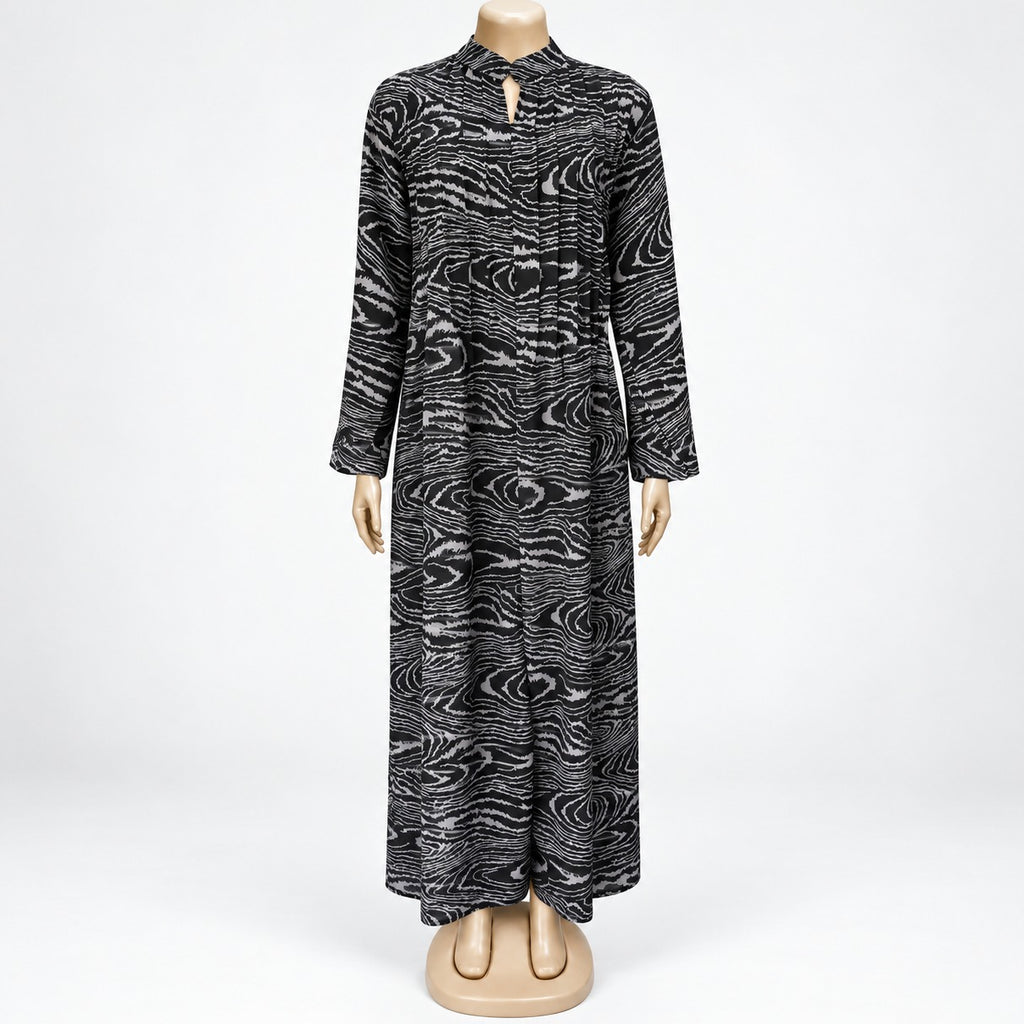 Grey Wood Grain Print Maxi Dress with long sleeves - front view