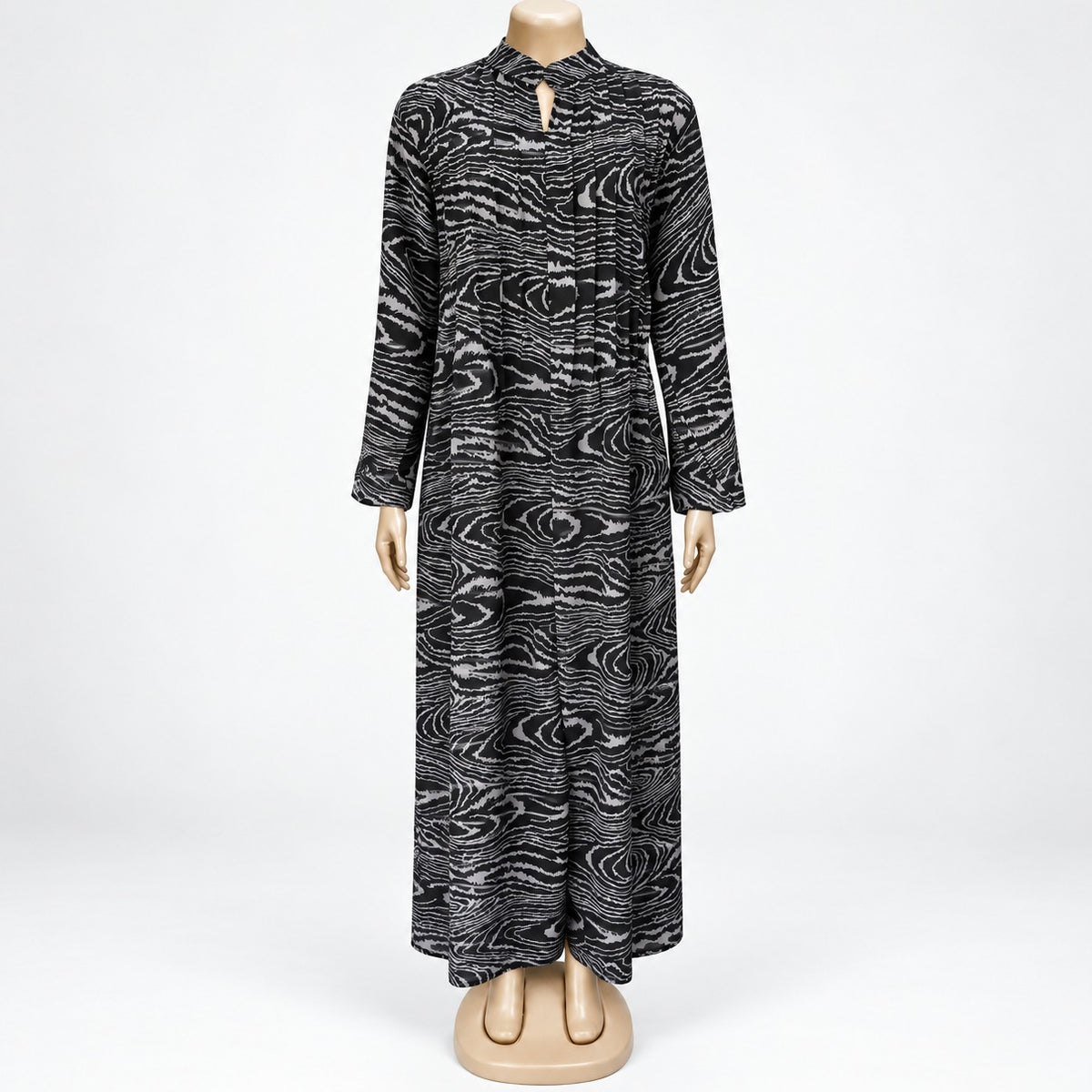 Grey Wood Grain Print Maxi Dress with long sleeves - front view