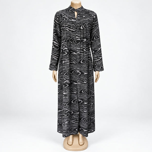 Grey Wood Grain Print Maxi Dress with long sleeves - front view