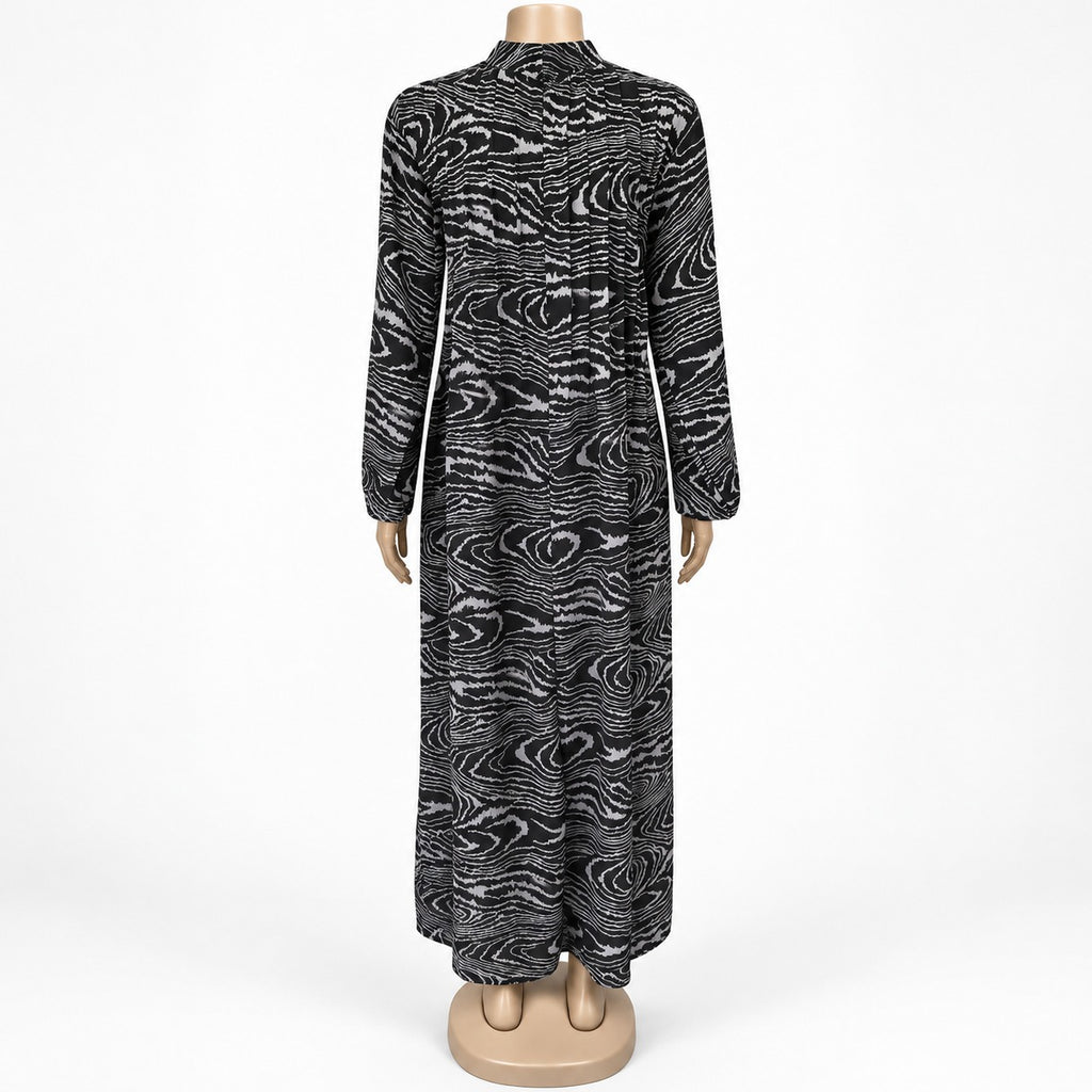 Grey Wood Grain Print Maxi Dress with long sleeves - back view