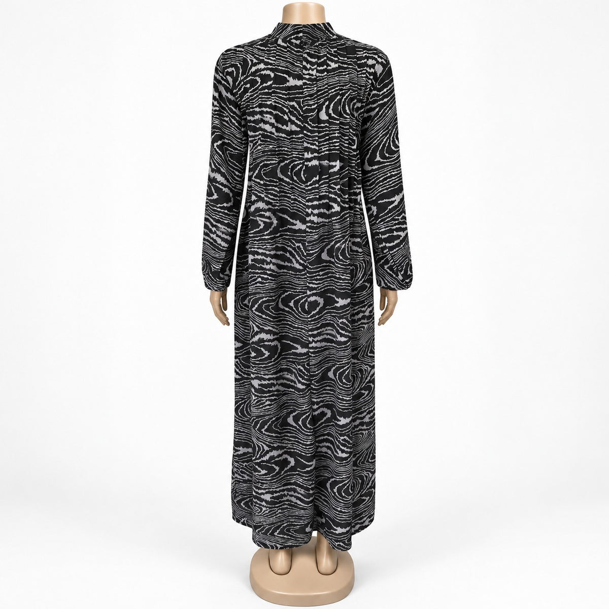 Grey Wood Grain Print Maxi Dress with long sleeves - back view