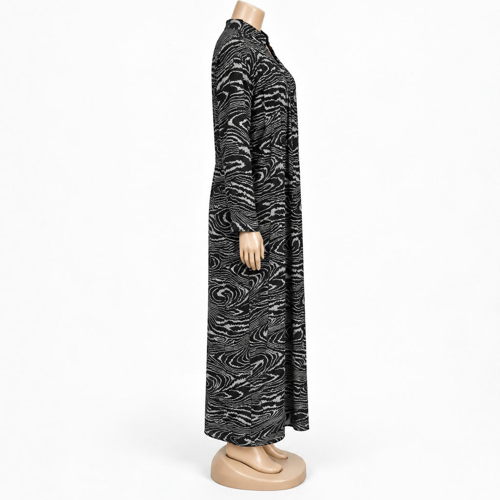 Grey Wood Grain Print Maxi Dress with long sleeves - side view