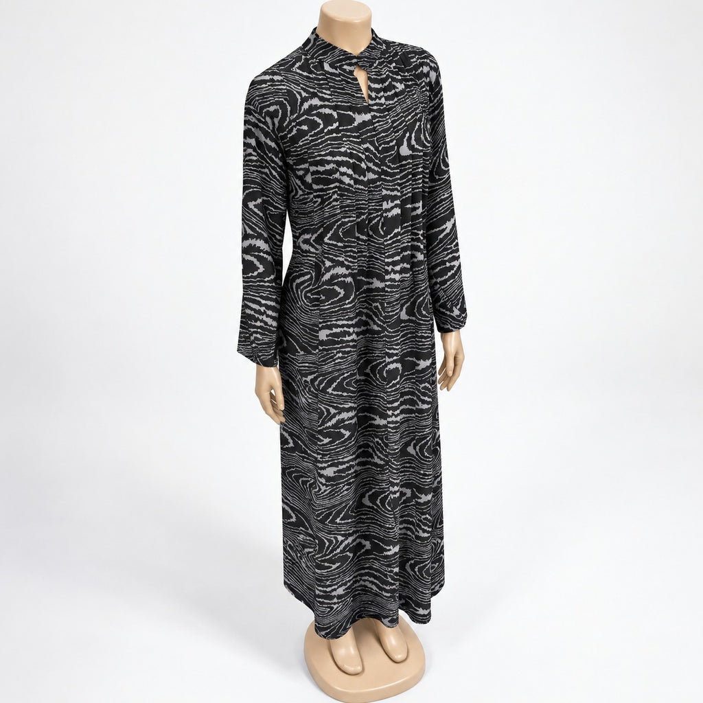 Grey Wood Grain Print Maxi Dress with long sleeves - three-quarter view