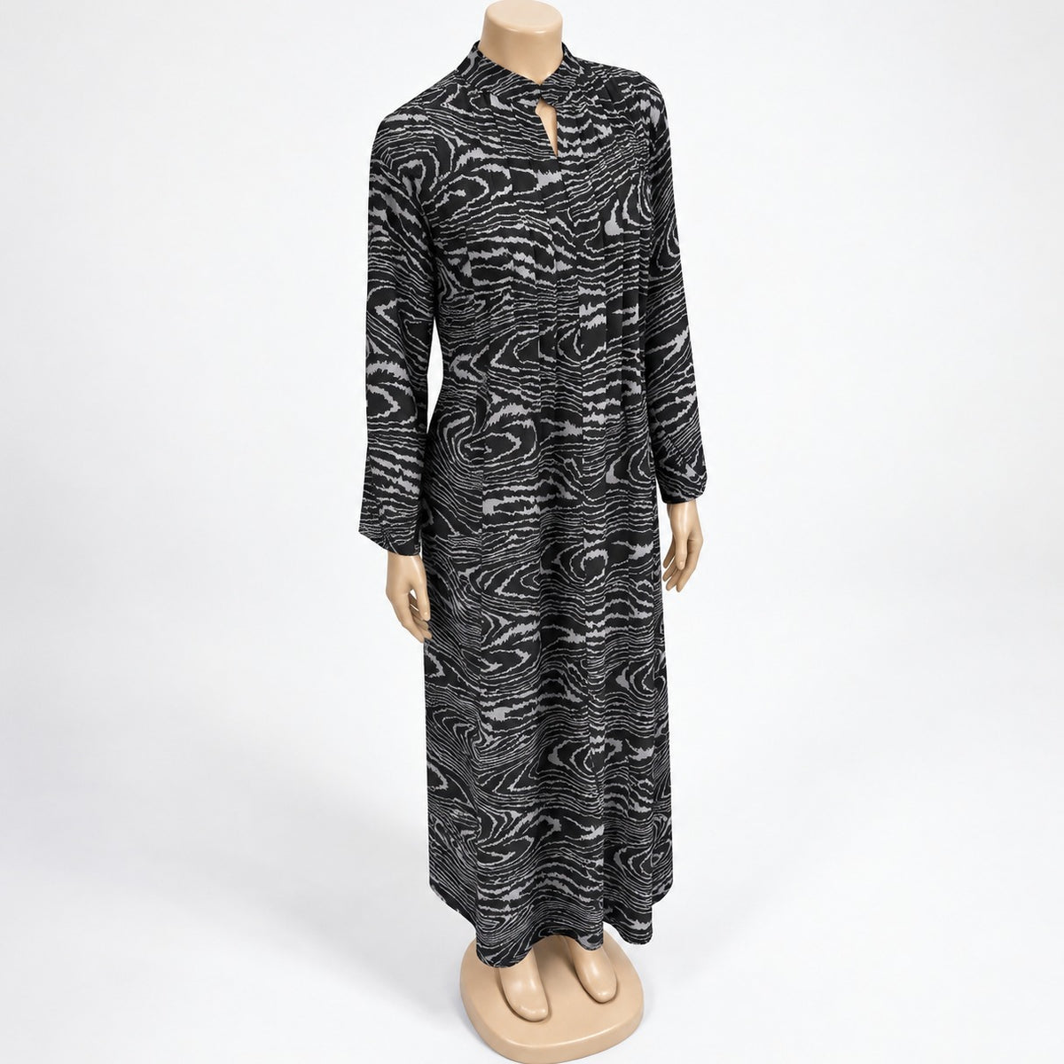 Grey Wood Grain Print Maxi Dress with long sleeves - three-quarter view