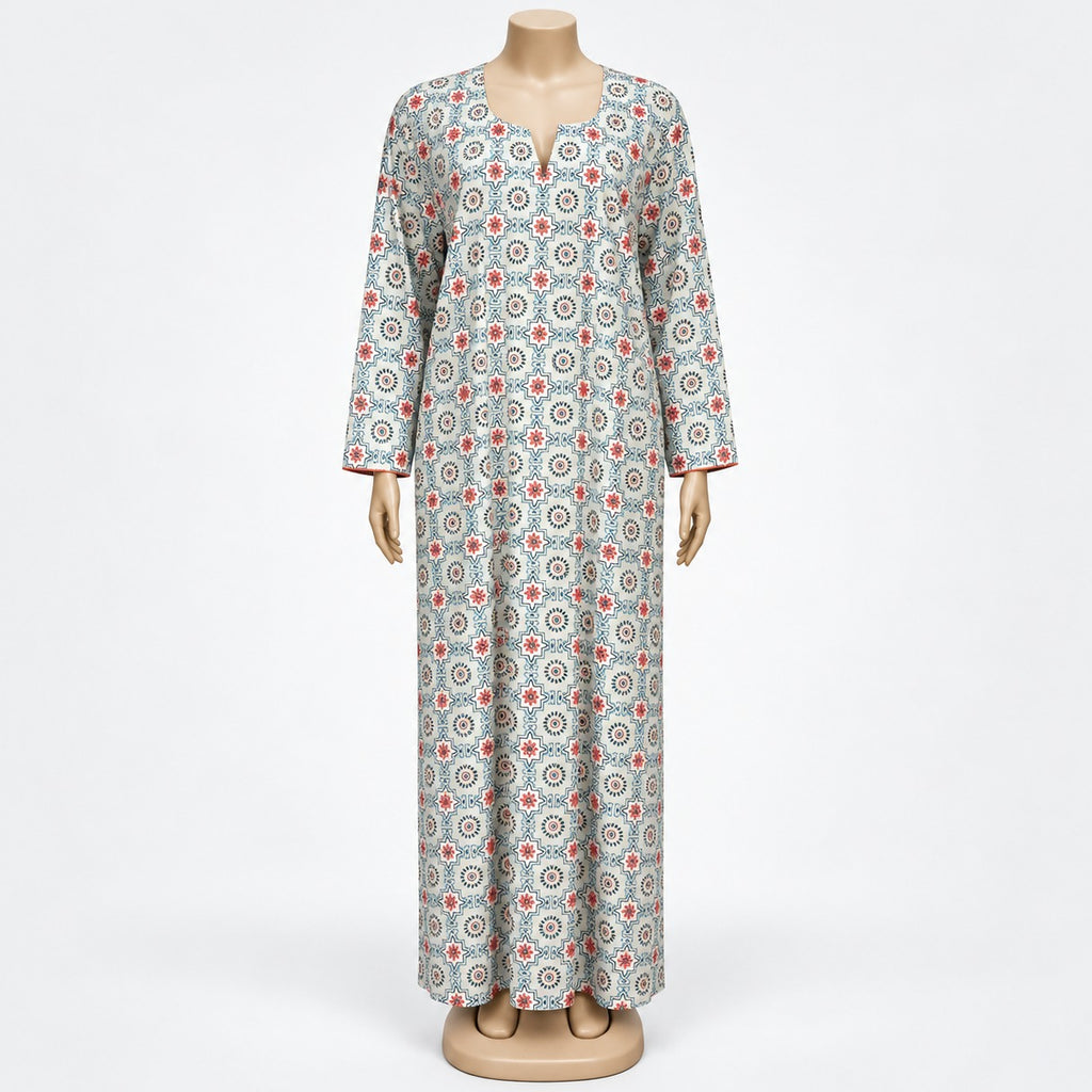 Ivory Medallion Print Maxi Dress with long sleeves - front view