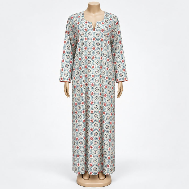 Ivory Medallion Print Maxi Dress with long sleeves - front view