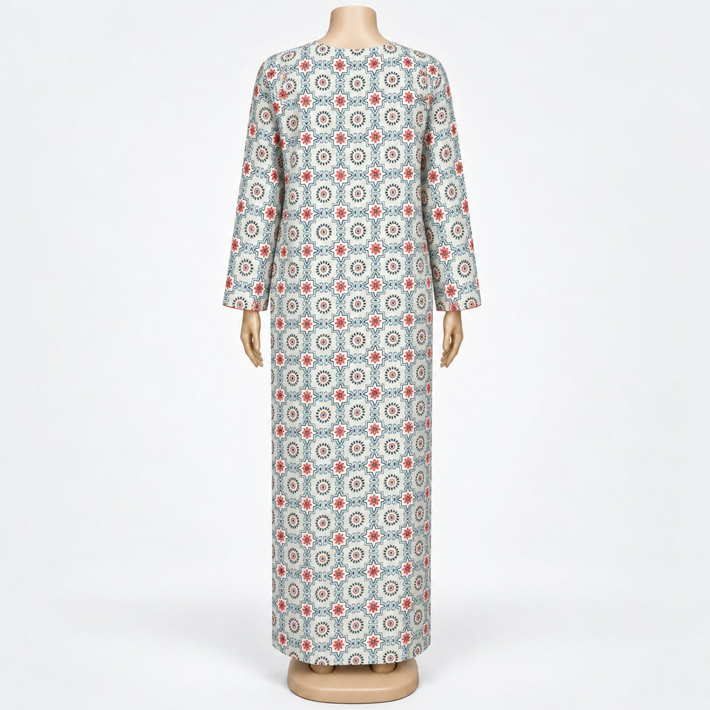 Ivory Medallion Print Maxi Dress with long sleeves - back view