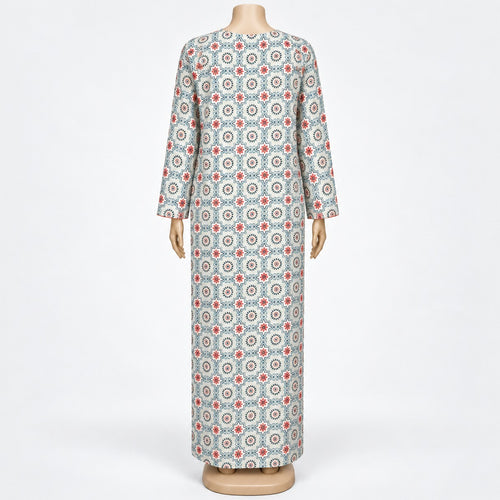Ivory Medallion Print Maxi Dress with long sleeves - back view