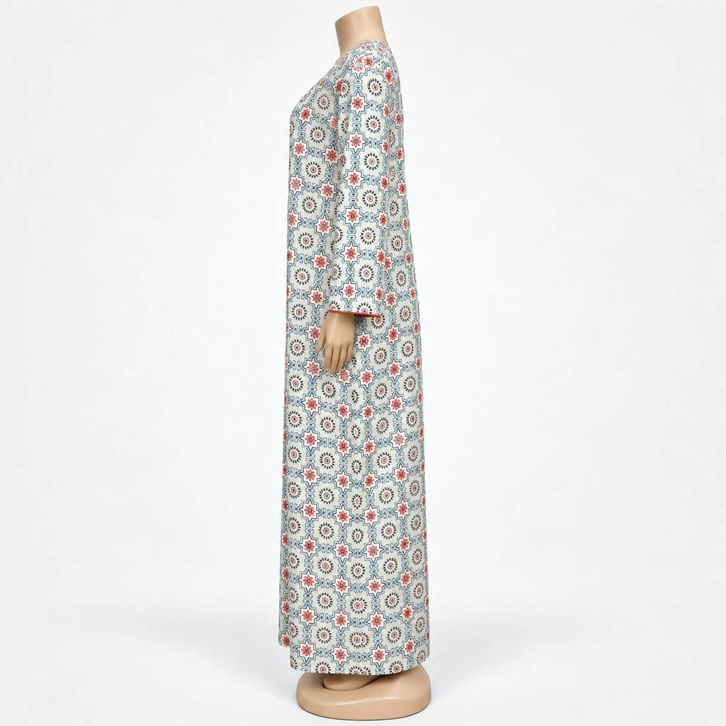Ivory Medallion Print Maxi Dress with long sleeves - side view